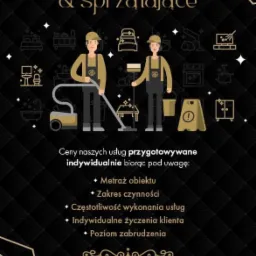 Grafika reklamowa usług czyszczących i sprzątających z ilustracjami osób sprzątających, sprzętów i mebli na czarnym tle w złotej kolorystyce, informująca o indywidualnym podejściu do wyceny...