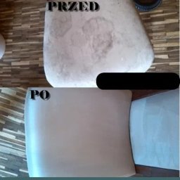 FHU QZzy - Porównanie stanu tapicerki krzesła przed i po czyszczeniu, widoczne plamy i zabrudzenia usunięte.