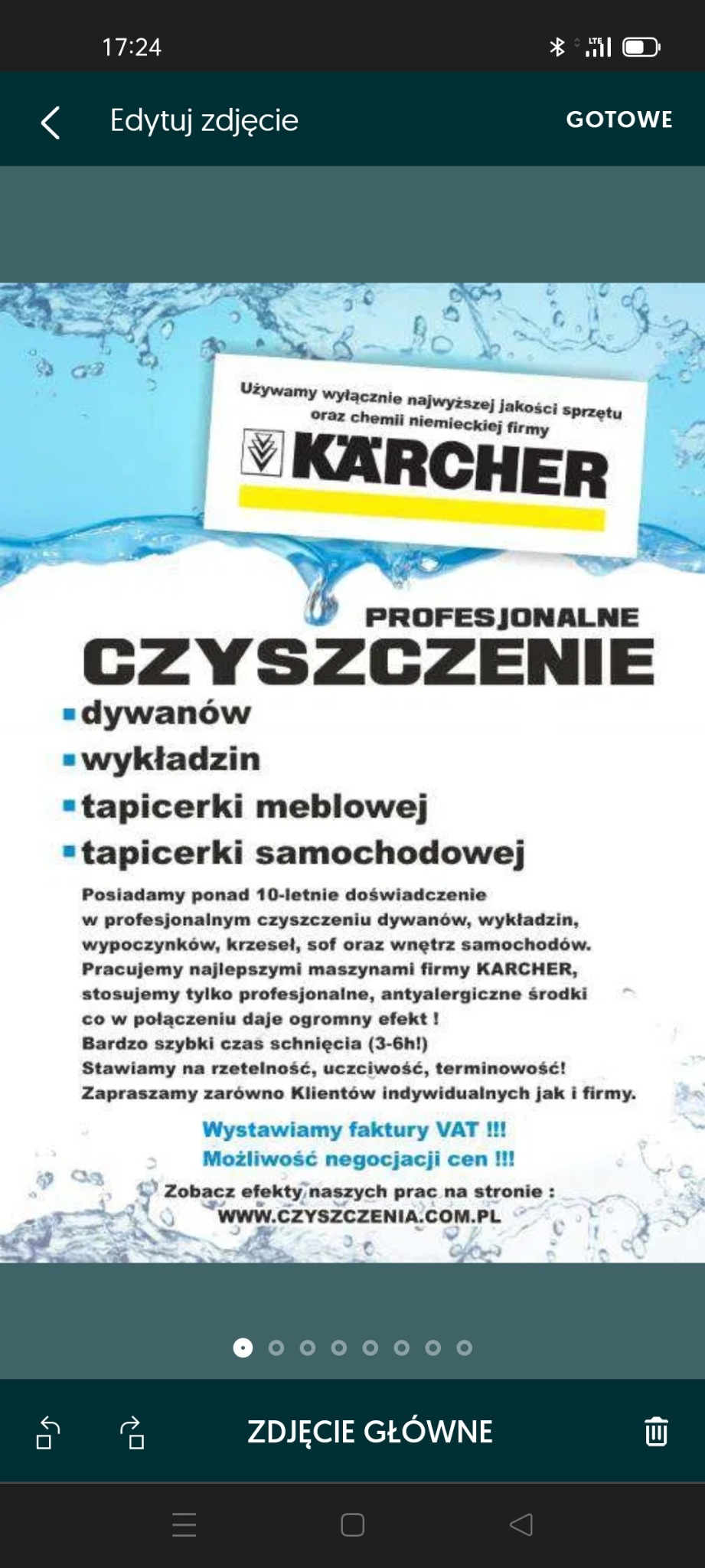 Ulotka reklamowa firmy oferującej profesjonalne czyszczenie dywanów, wykładzin i tapicerki meblowej oraz samochodowej, z logo Kärcher i adresem strony internetowej.
