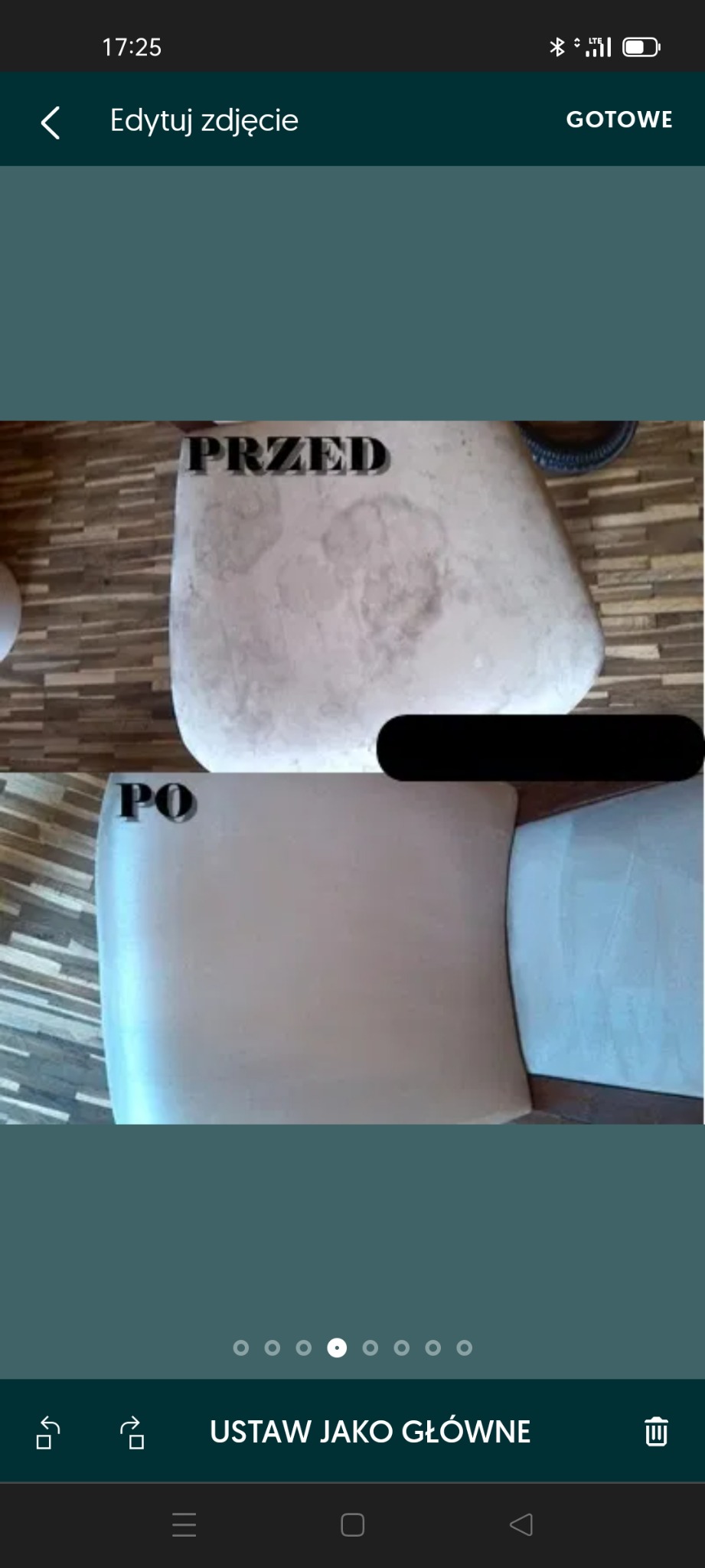 Porównanie stanu tapicerki krzesła przed i po czyszczeniu, widoczne plamy i zabrudzenia usunięte.