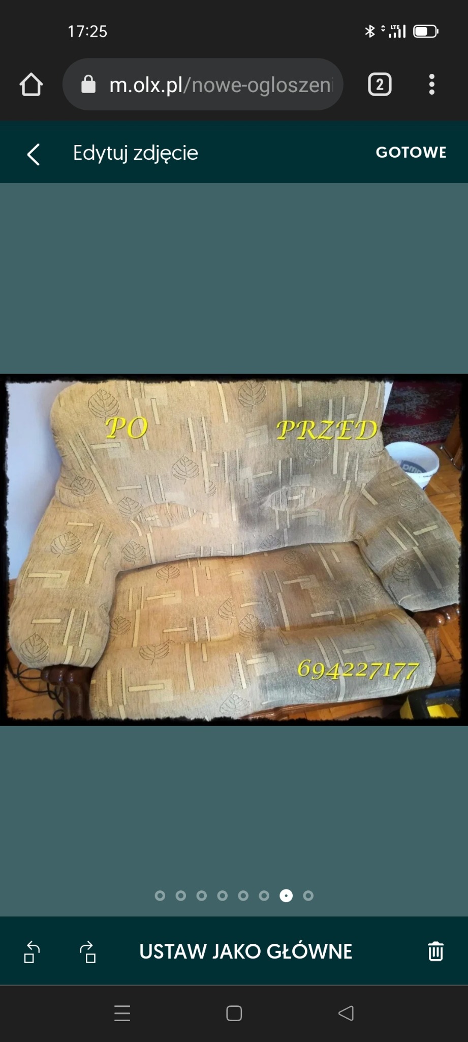 Tapicerowana sofa z widoczną różnicą czystości: część 'PRZED' z wyraźnymi zabrudzeniami, część 'PO' po czyszczeniu, ukazująca odświeżony wygląd.