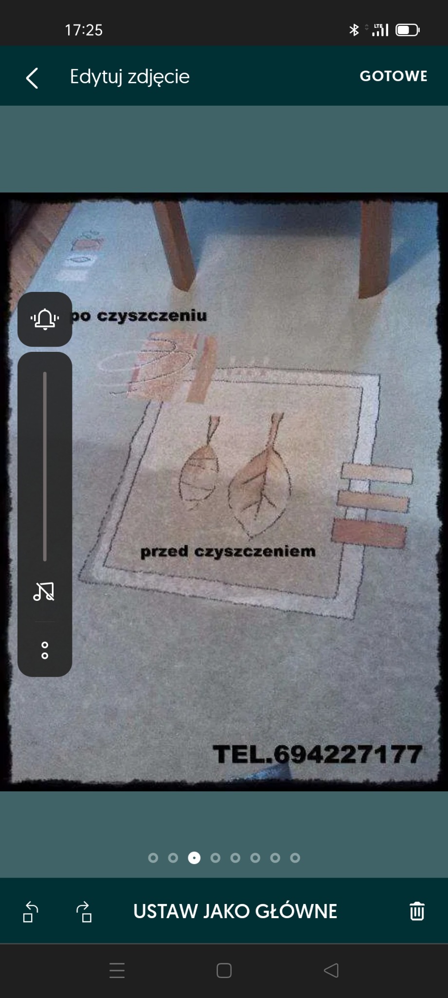 Dywan z wzorem liści, z widocznym efektem czyszczenia: część 'przed' z wyraźniejszymi plamami, część 'po' z jaśniejszym kolorem i numerem telefonu na dole zdjęcia.