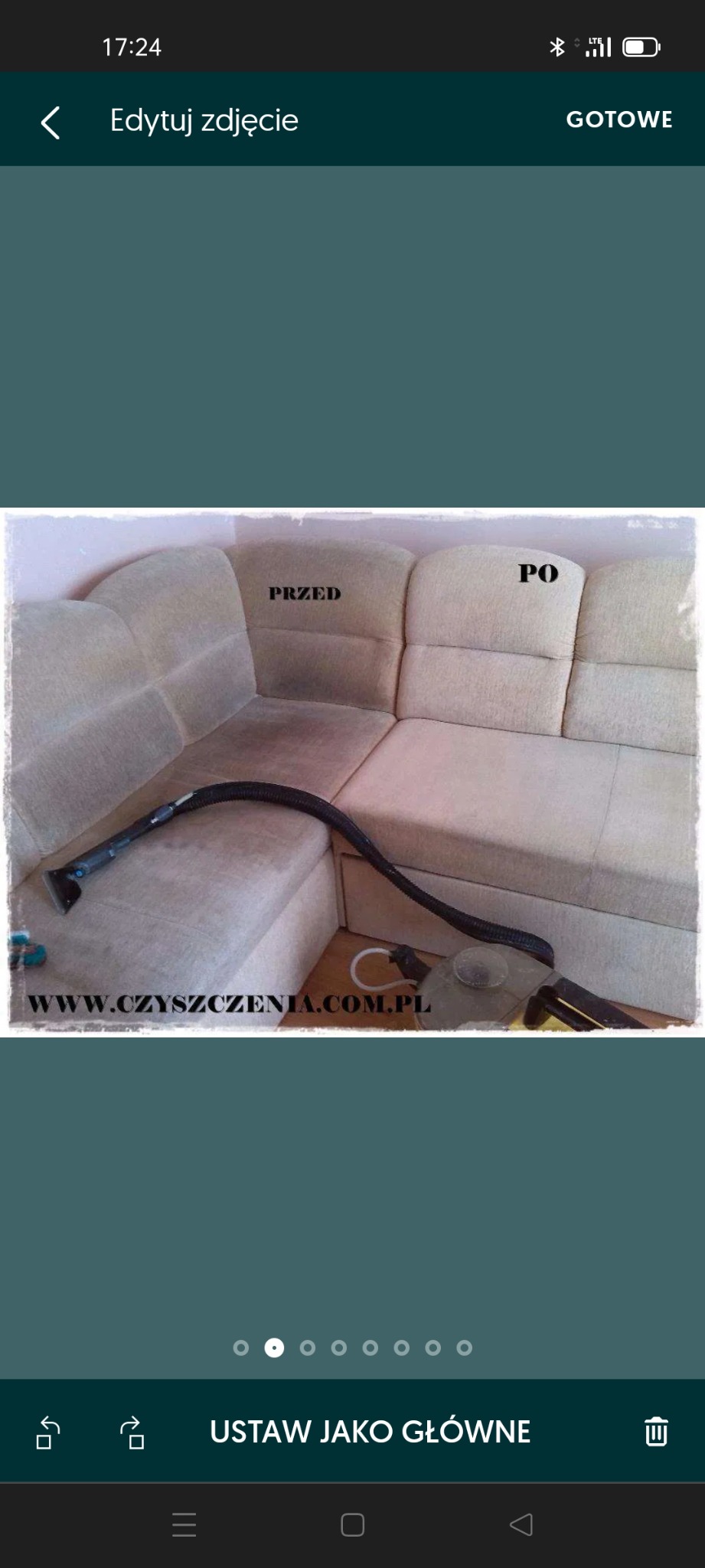 Sofa narożna z widoczną różnicą w czystości tapicerki: część 'PRZED' zabrudzona, część 'PO' wyczyszczona. Usługa wykonana w Krakowie.