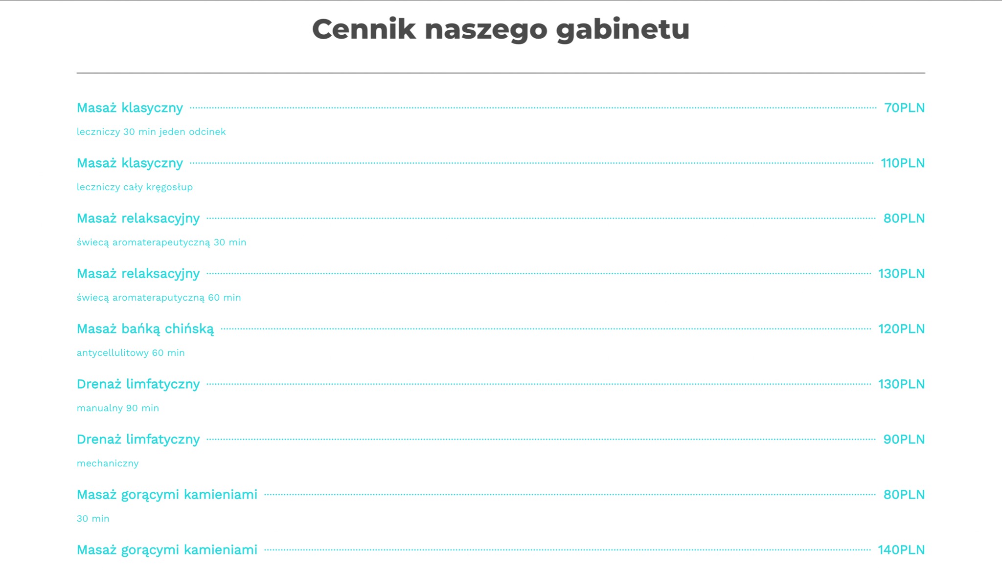 Cennik usług gabinetu z wyszczególnionymi rodzajami masaży (klasyczny, relaksacyjny, bańką chińską, drenaż limfatyczny, gorącymi kamieniami) oraz ich cenami w PLN.