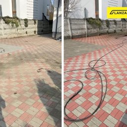 ,,GLANZARO''JAKUB WOJTÓŚCISZYN - Kostka brukowa przed i po czyszczeniu wysokociśnieniowym. Po lewej brudna, po prawej czysta, z wężem ciśnieniowym. Widoczny cień osoby.