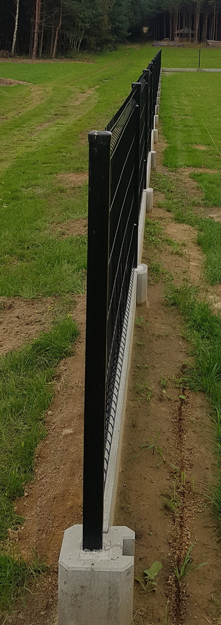 Długi, czarny, panelowy płot z betonową podmurówką i słupkami, oddzielający trawnik od leśnego terenu, widziany z boku.