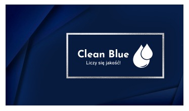 Grafika reklamowa z napisem 'Clean Blue. Liczy się jakość!' oraz symbolem dwóch kropli wody, umieszczona na ciemnoniebieskim tle z abstrakcyjnymi, trójkątnymi wzorami.