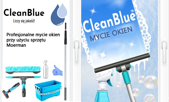 Kompozycja graficzna prezentująca firmę CleanBlue oferującą profesjonalne mycie okien z wykorzystaniem sprzętu Moerman, w tym myjki, spryskiwacza, wiadra i rękawicy, obok wizualizacji mycia okna...