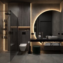 Klimatyczna łazienka w ciemnych odcieniach z półokrągłym lustrem