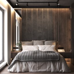 Klimatyczna sypialnia z panelami tapicerowanymi.