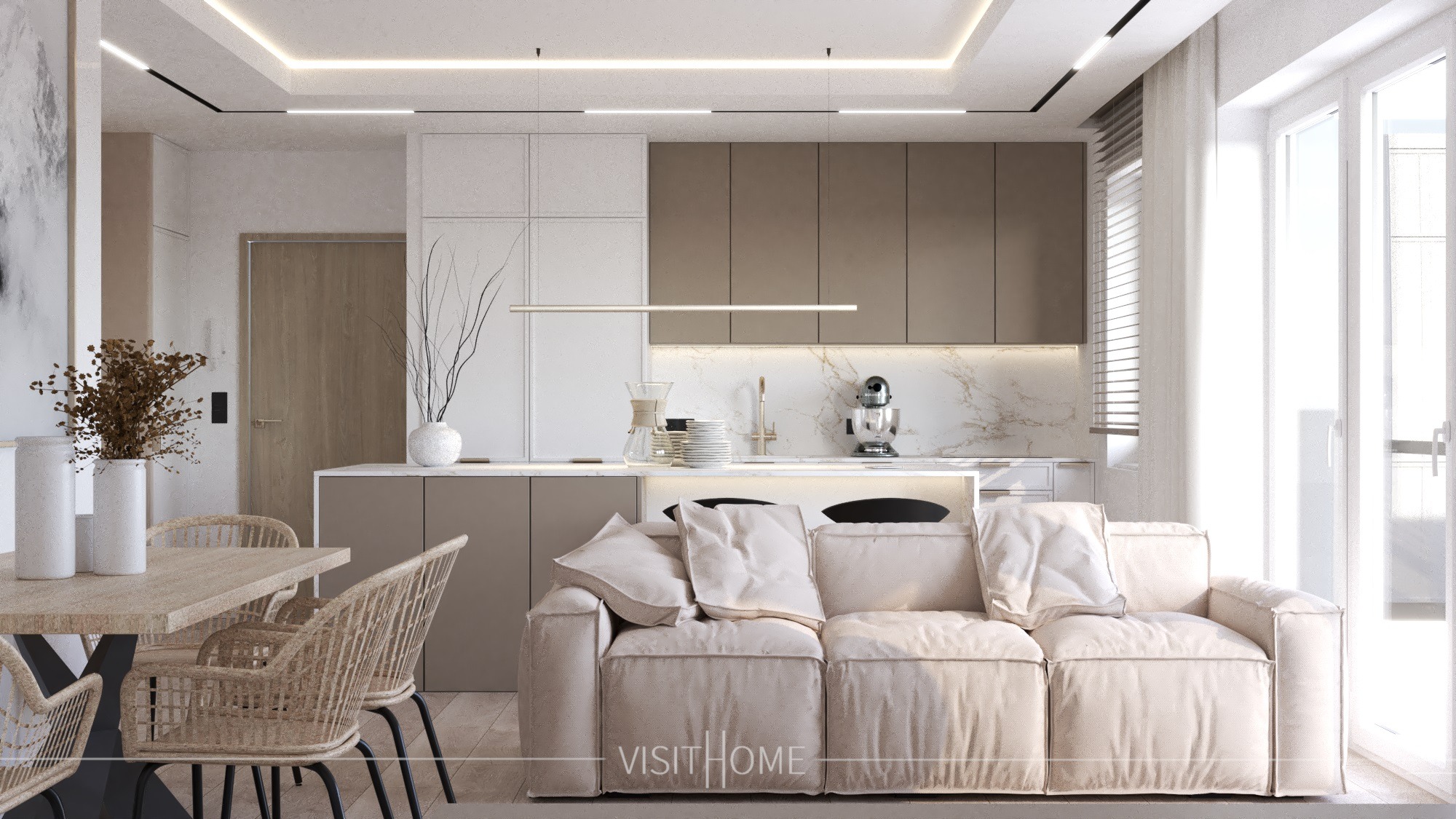 Nowoczesny, jasny salon z aneksem kuchennym w wykonaniu pracowni VISIT HOME