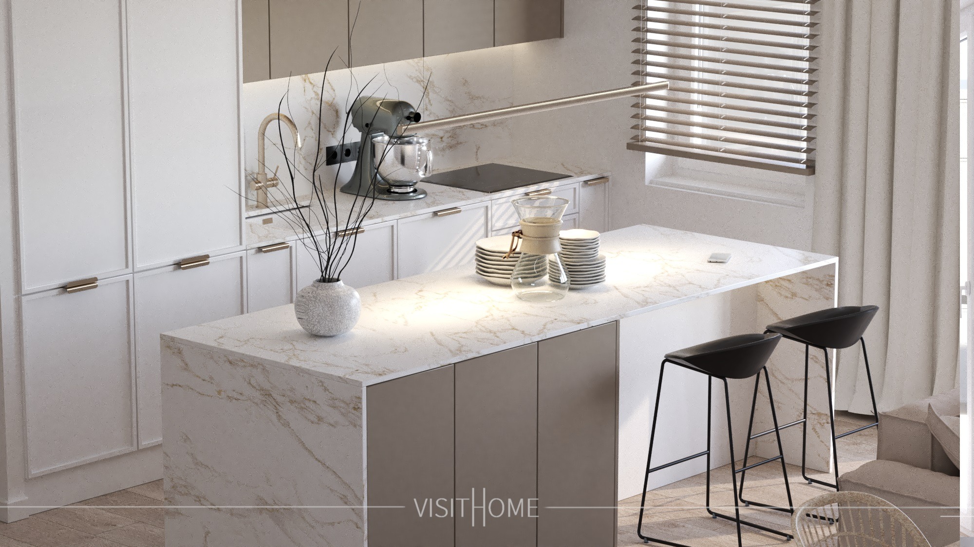 Jasny salon z aneksem kuchennym: marmurowy blat wyspy kuchennej, dwie czarne hokery, w tle mikser planetarny i zaparzacz do kawy Chemex.