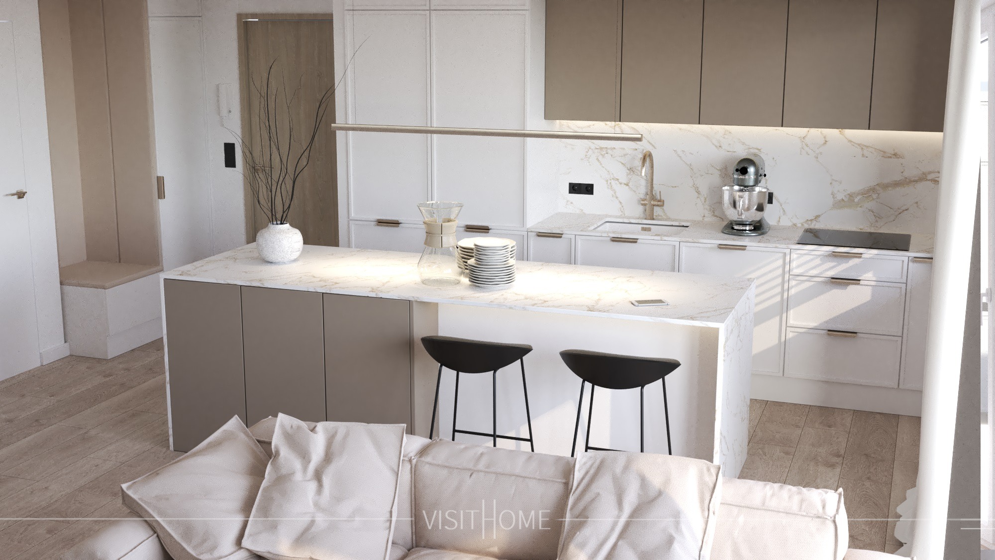 Jasny, nowoczesny salon z aneksem kuchennym w Poznaniu. Widoczny marmurowy blat, minimalistyczne krzesła barowe, designerska zastawa stołowa i elementy dekoracyjne, takie jak wazon z suchymi...