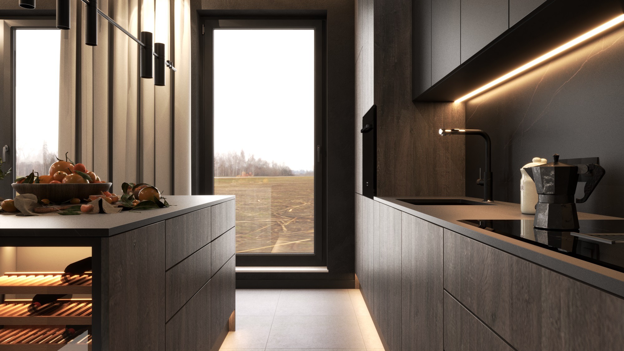 Nowoczesny aneks kuchenny w ciemnych odcieniach drewna.