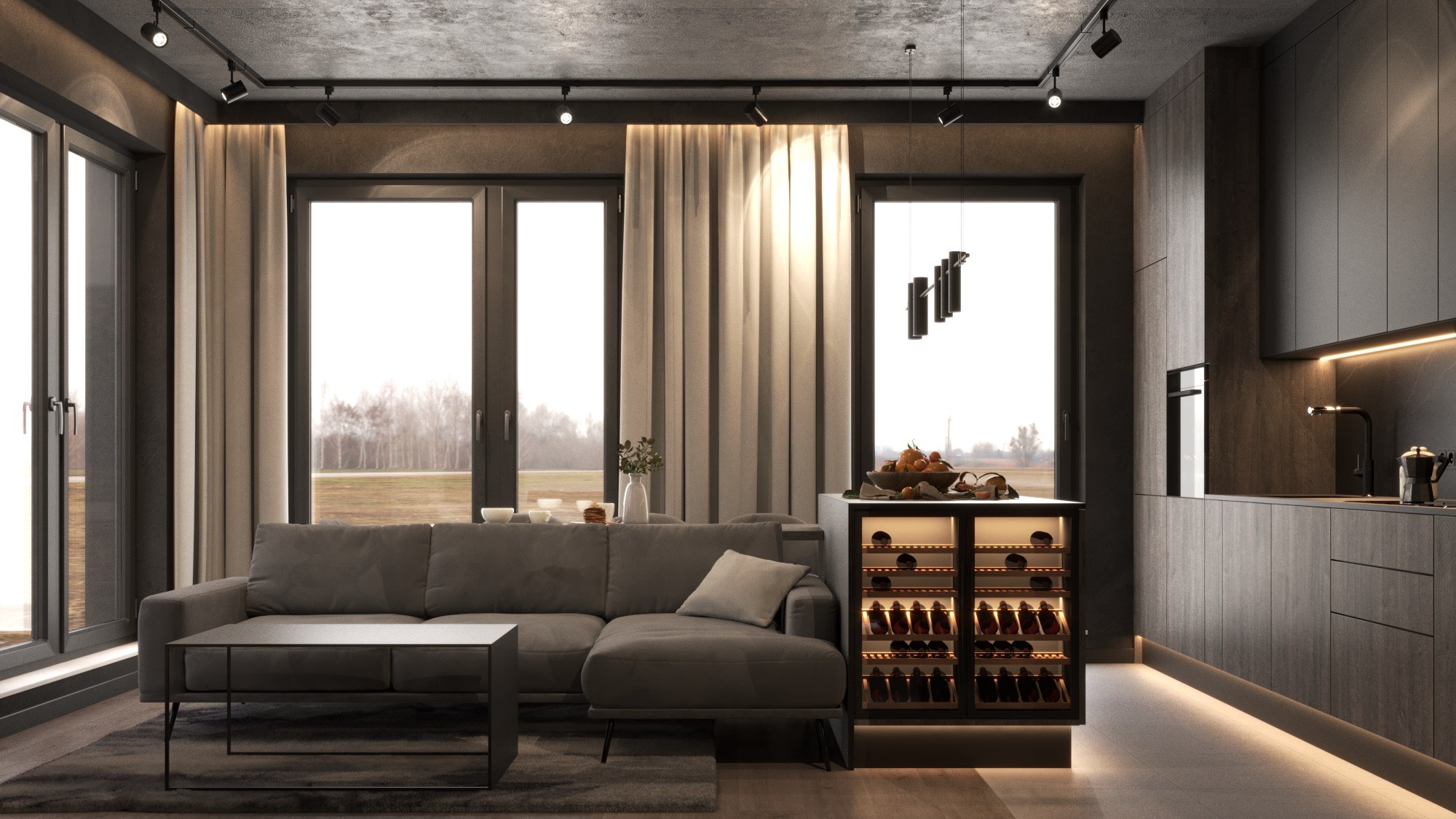 Nowoczesny salon z zastosowaniem betonu architektonicznego na suficie.