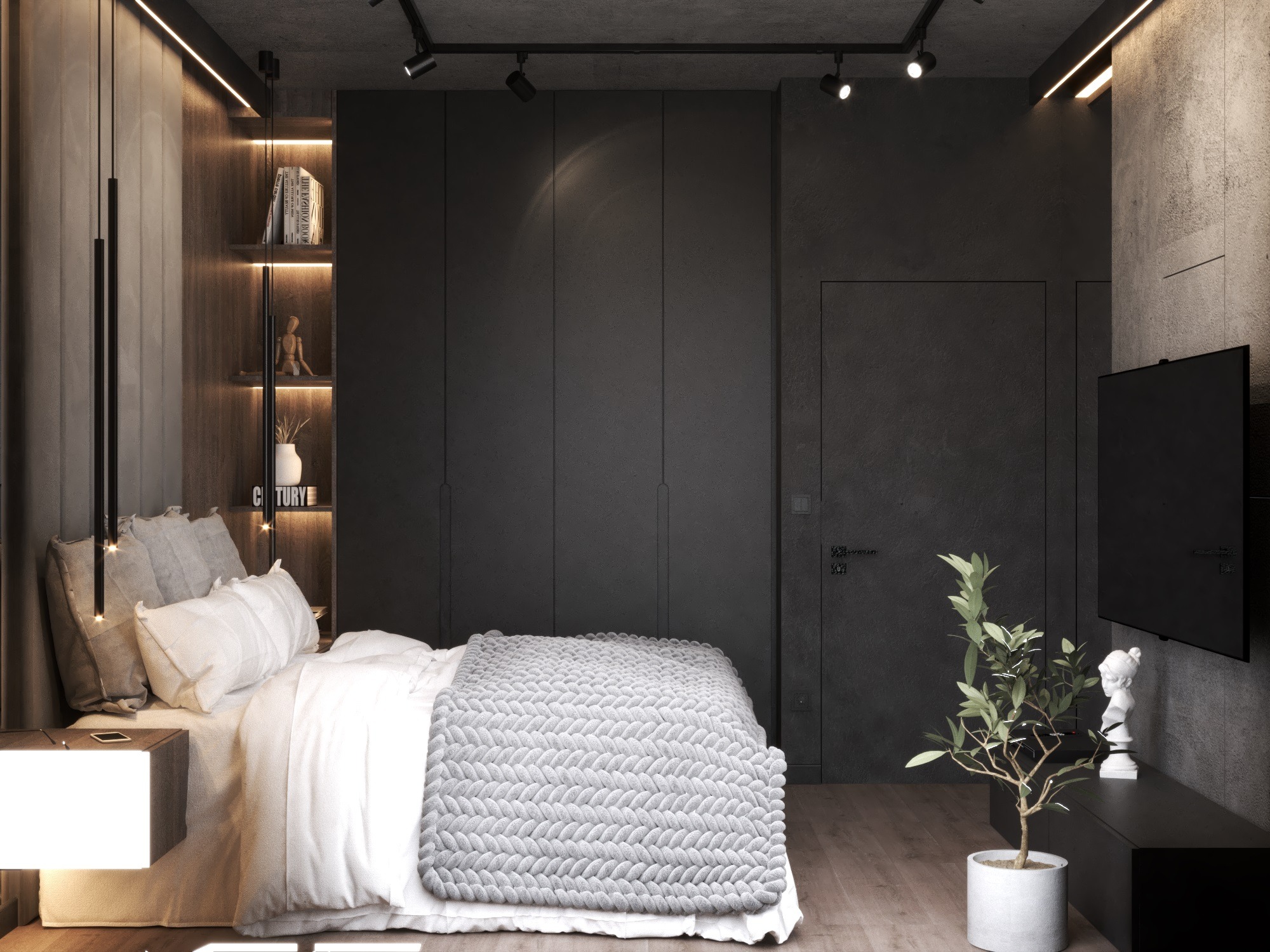 Sypialnia w ciemnych odcieniach z płytami z betonu arcitektonicznego