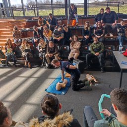 PROMEDYK - MACIEJ DĘBICKI - Instruktor demonstruje resuscytację krążeniowo-oddechową na manekinie podczas kursu pierwszej pomocy dla grupy osób w sali z dużymi oknami.