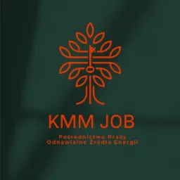 Logo firmy KMM JOB z pomarańczowym symbolem drzewa z kluczem w koronie i napisem 'Pośrednictwo Pracy Odnawialne Źródła Energii' na zielonym tle.