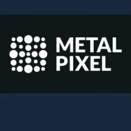Logo firmy Metal Pixel z abstrakcyjnym symbolem w postaci matrycy z okręgów po lewej stronie i tekstem METAL PIXEL po prawej, wszystko w kolorze białym na ciemnym tle.