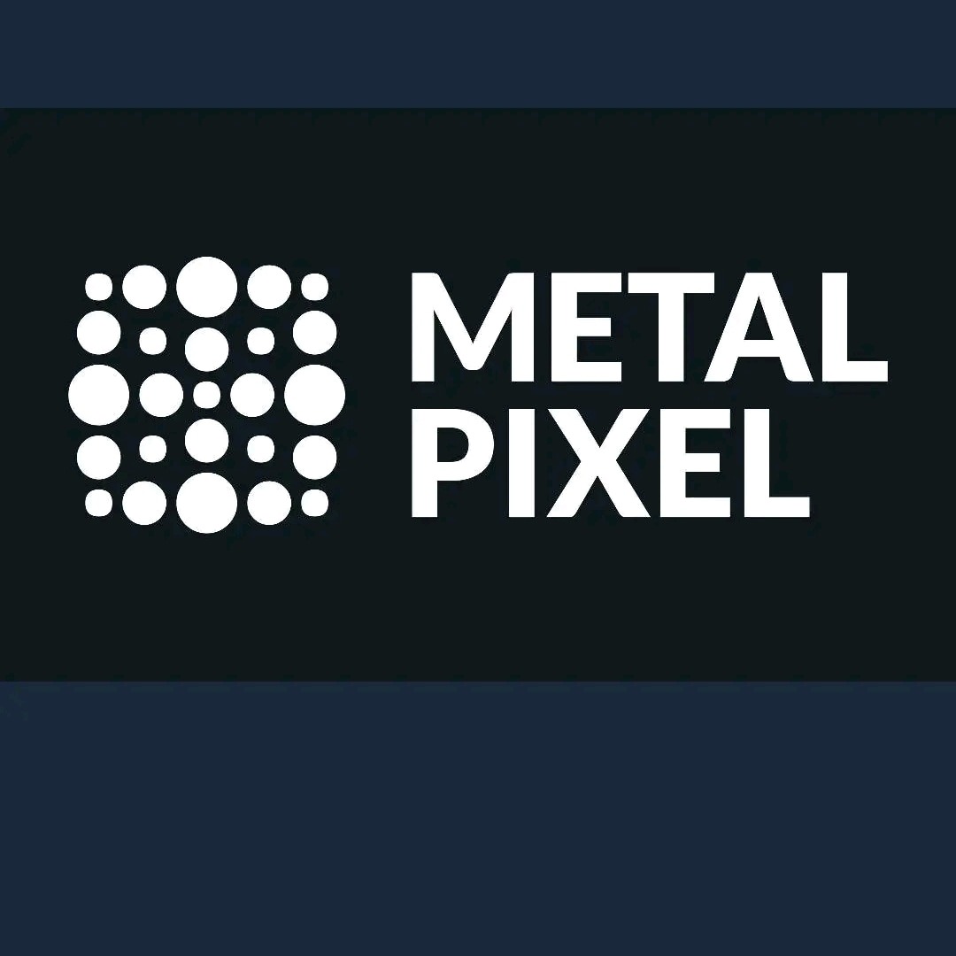 Logo firmy Metal Pixel z abstrakcyjnym symbolem w postaci matrycy z okręgów po lewej stronie i tekstem METAL PIXEL po prawej, wszystko w kolorze białym na ciemnym tle.