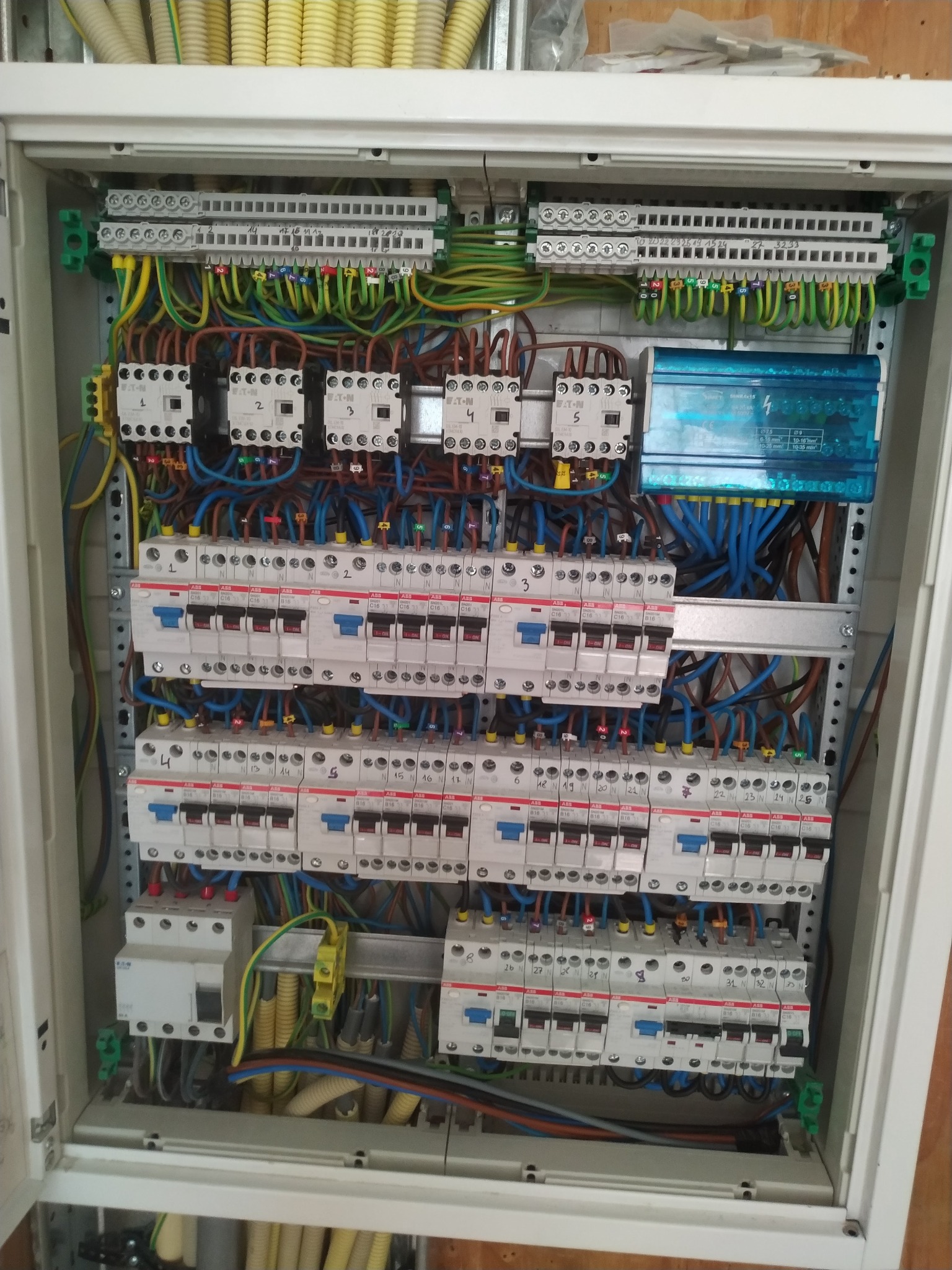 Rozdzielnica elektryczna z zainstalowanymi bezpiecznikami, stycznikami i przewodami o różnych kolorach, widok od frontu, przewody ułożone w rzędach i kolumnach, z bliska widoczne oznaczenia...