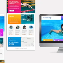 Komputer stacjonarny wyświetlający stronę internetową szkoły pływania z mężczyzną pływającym pod wodą, obok widoczny fragment strony w wersji mobilnej.