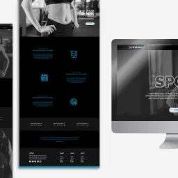 Prezentacja responsywnego projektu strony internetowej dla siłowni, wyświetlana na różnych urządzeniach: komputerze stacjonarnym i smartfonie.