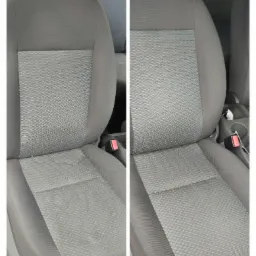 Porównanie fotela samochodowego przed i po czyszczeniu, widoczne różnice w odświeżeniu tapicerki.
