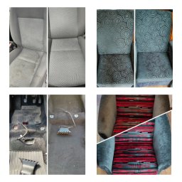 Tapcarpet - Kolaż zdjęć przedstawiający efekty czyszczenia: fotel samochodowy, krzesła z wzorem w okręgi i fotel z czerwonymi pasami, wszystkie w konfiguracji przed i po czyszczeniu.