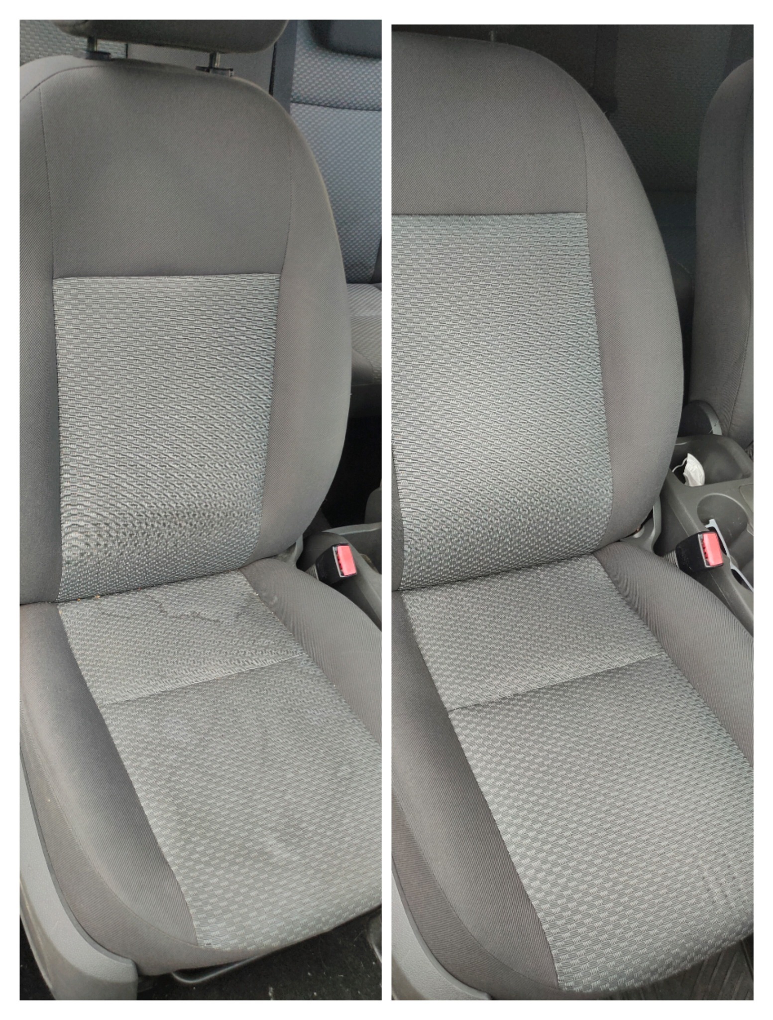Porównanie fotela samochodowego przed i po czyszczeniu, widoczne różnice w odświeżeniu tapicerki.