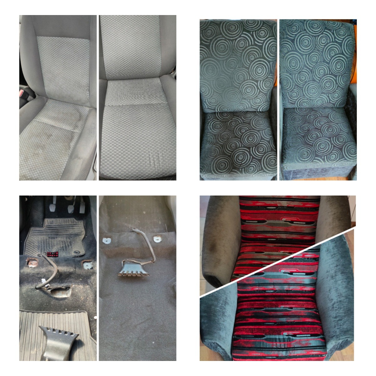 Kolaż zdjęć przedstawiający efekty czyszczenia: fotel samochodowy, krzesła z wzorem w okręgi i fotel z czerwonymi pasami, wszystkie w konfiguracji przed i po czyszczeniu.
