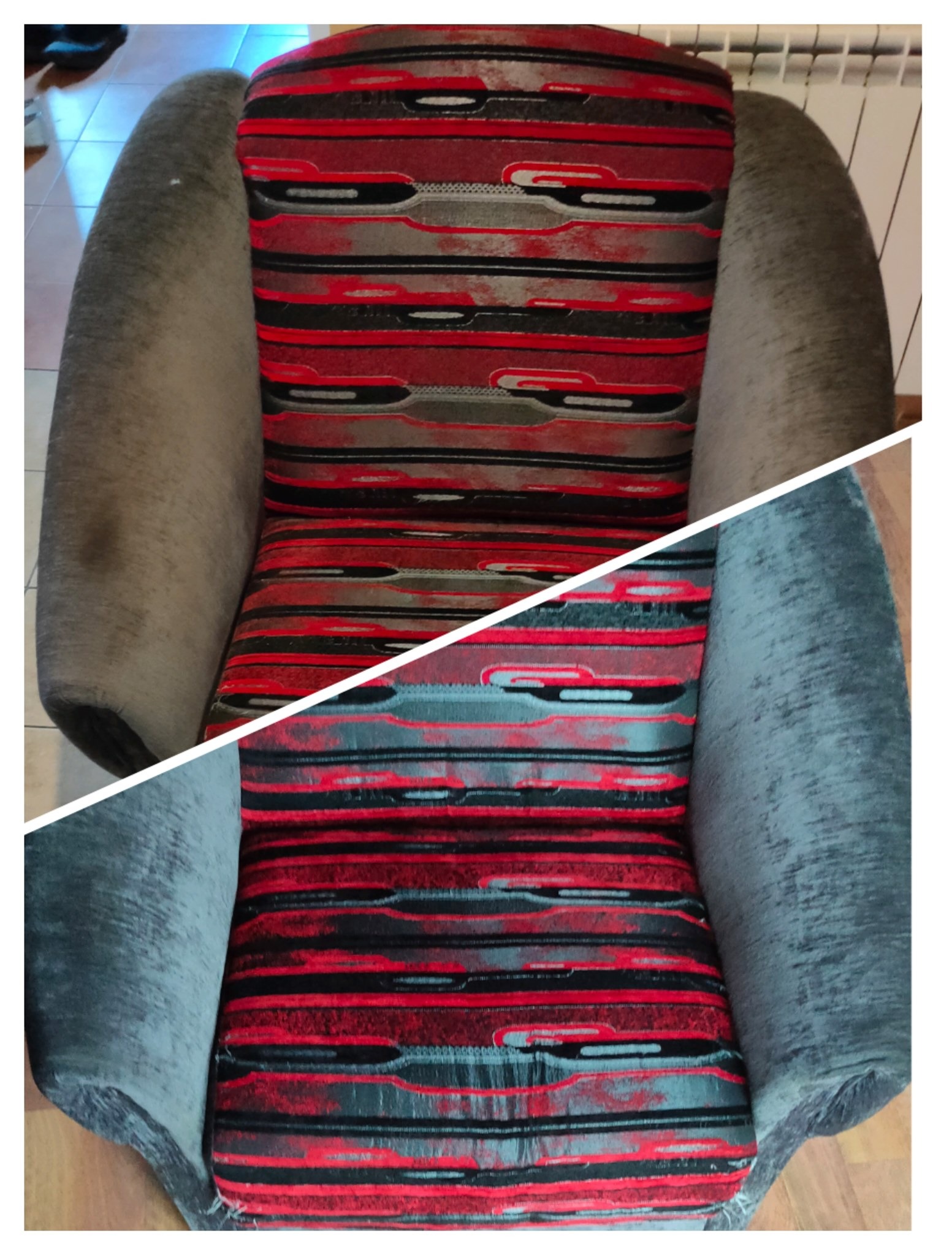 Fotel tapicerowany w czerwono-szaro-czarne pasy, po lewej stronie widoczne wyraźne zabrudzenia na podłokietniku, po prawej stronie podłokietnik po czyszczeniu.