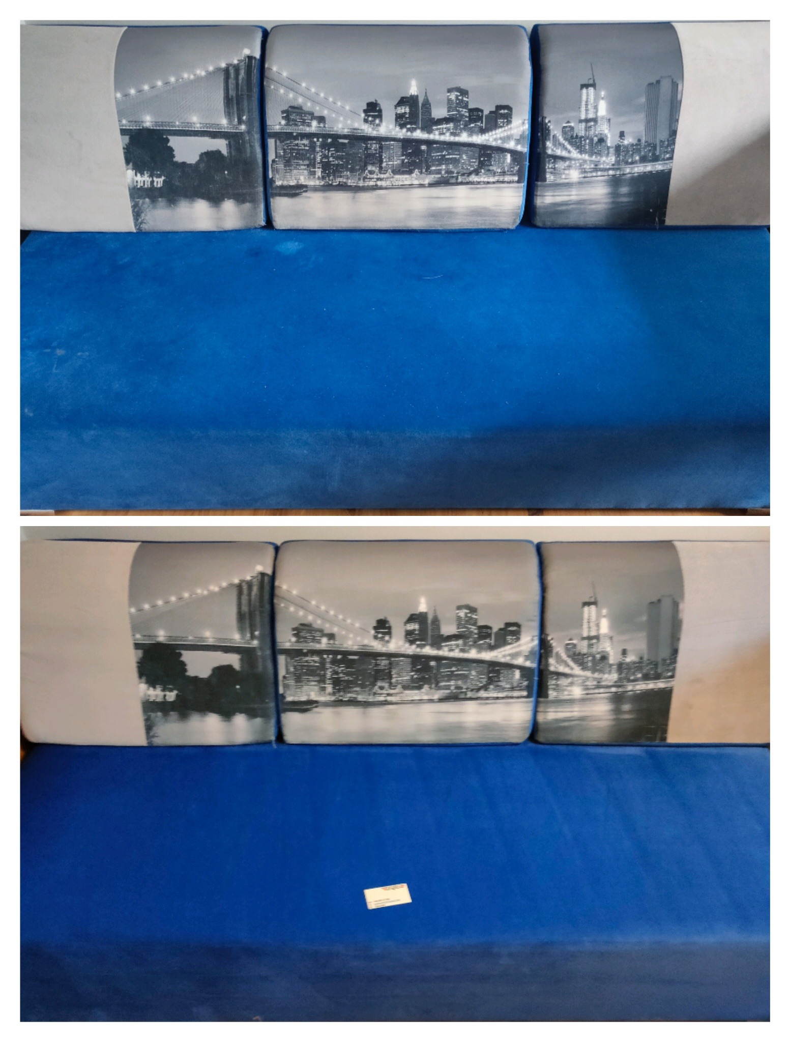 Niebieska kanapa z tapicerowanymi poduszkami, na których widnieje czarno-biały motyw panoramy miejskiej z mostem.