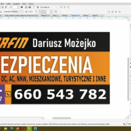 Projekt graficzny reklamy ubezpieczeń w programie CorelDRAW, z widocznymi narzędziami edycji, prezentujący nazwę firmy 'Darfin Dariusz Możejko', adres 'Wileńska 17' i numer telefonu 660 543 782...