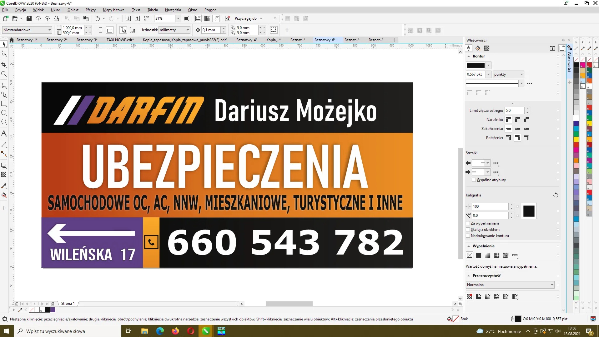 Projekt graficzny reklamy ubezpieczeń w programie CorelDRAW, z widocznymi narzędziami edycji, prezentujący nazwę firmy 'Darfin Dariusz Możejko', adres 'Wileńska 17' i numer telefonu 660 543 782...