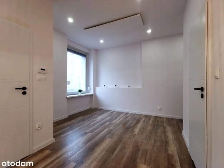 Puste, jasne wnętrze pokoju z panelami podłogowymi imitującymi drewno, białymi ścianami, oknem z rośliną i dwoma białymi drzwiami z czarnymi klamkami.