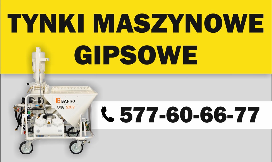 Plakat reklamowy z białą maszyną do nanoszenia tynków gipsowych na kółkach, na żółtym tle napis 'Tynki Maszynowe Gipsowe' oraz numer telefonu.