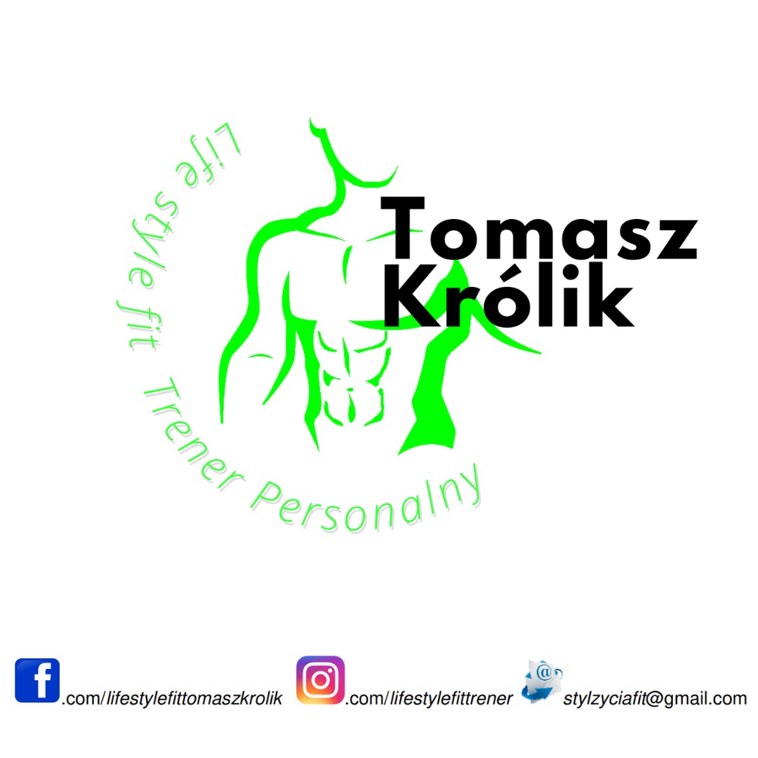 Logo trenera personalnego Tomasz Królik z zielonym graficznym symbolem sylwetki sportowca i adresami social media.