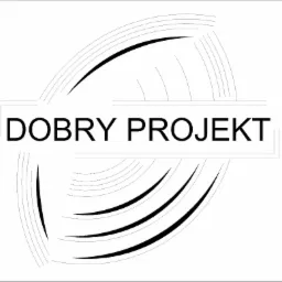 Czarno-białe logo firmy z napisem 'DOBRY PROJEKT' w prostokątnej ramce, otoczone abstrakcyjnymi, zakrzywionymi liniami.