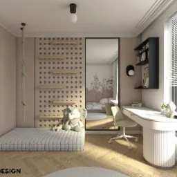 Pokój dziecięcy z łóżkiem-podestem, ścianką wspinaczkową, biurkiem z krzesłem i lustrem powiększającym przestrzeń.