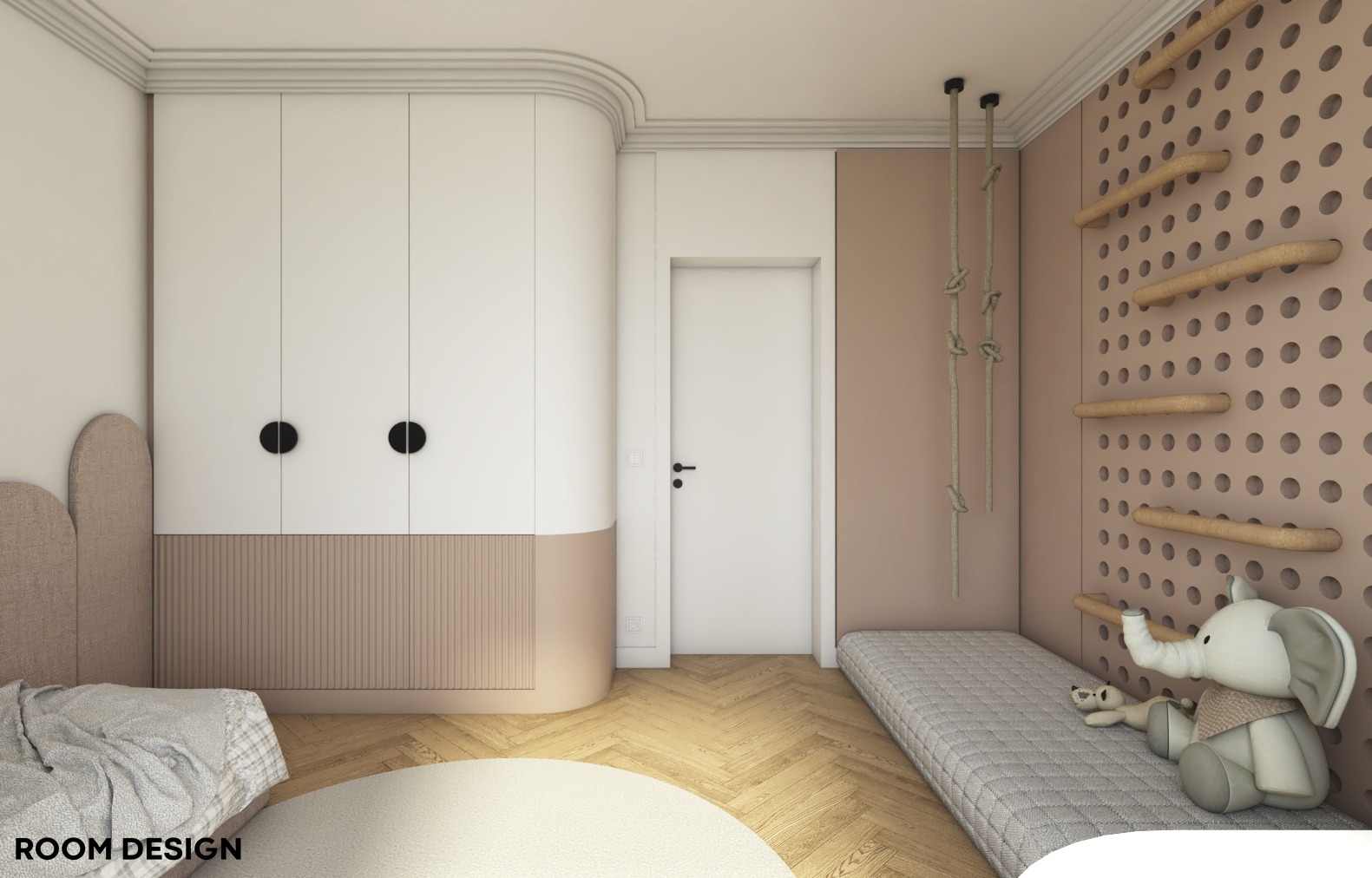 Pokój dziecięcy w pastelowych barwach z łóżkiem, szafą z okrągłymi uchwytami, drabinką sznurkową i półkami na ścianie z perforacją, pluszowy słoń na materacu.