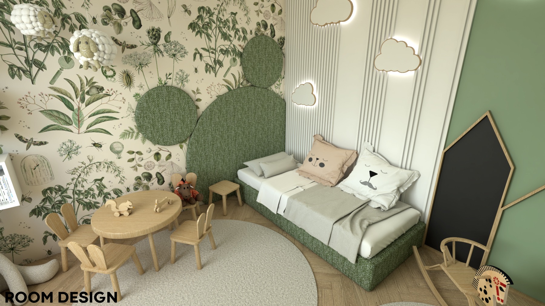 Wizualizacja pokoju dziecięcego w Gdyni z tapetą w rośliny, drewnianym stolikiem z króliczymi krzesełkami, łóżkiem z poduszkami w kształcie zwierząt i dekoracjami w kształcie chmur.