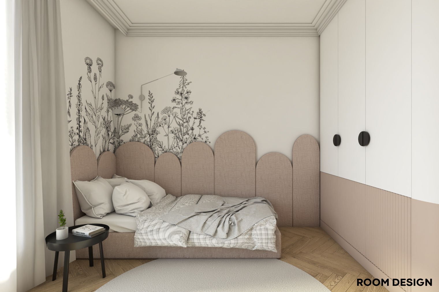 Pokój dziecięcy z łóżkiem z wezgłowiem w kształcie łuków, tapetą z motywem roślinnym, białą szafą i okrągłym dywanem.