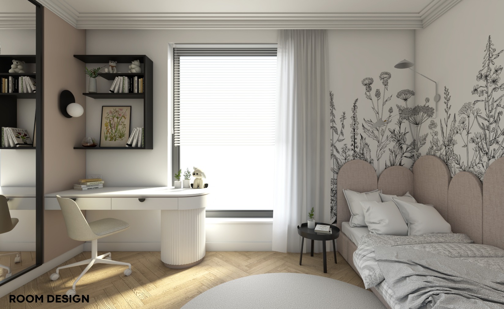 Wizualizacja pokoju dziecięcego z biurkiem z zaokrąglonymi krawędziami, łóżkiem z tapicerowanym wezgłowiem w kształcie łuków i ścianą ozdobioną czarno-białym motywem roślinnym.