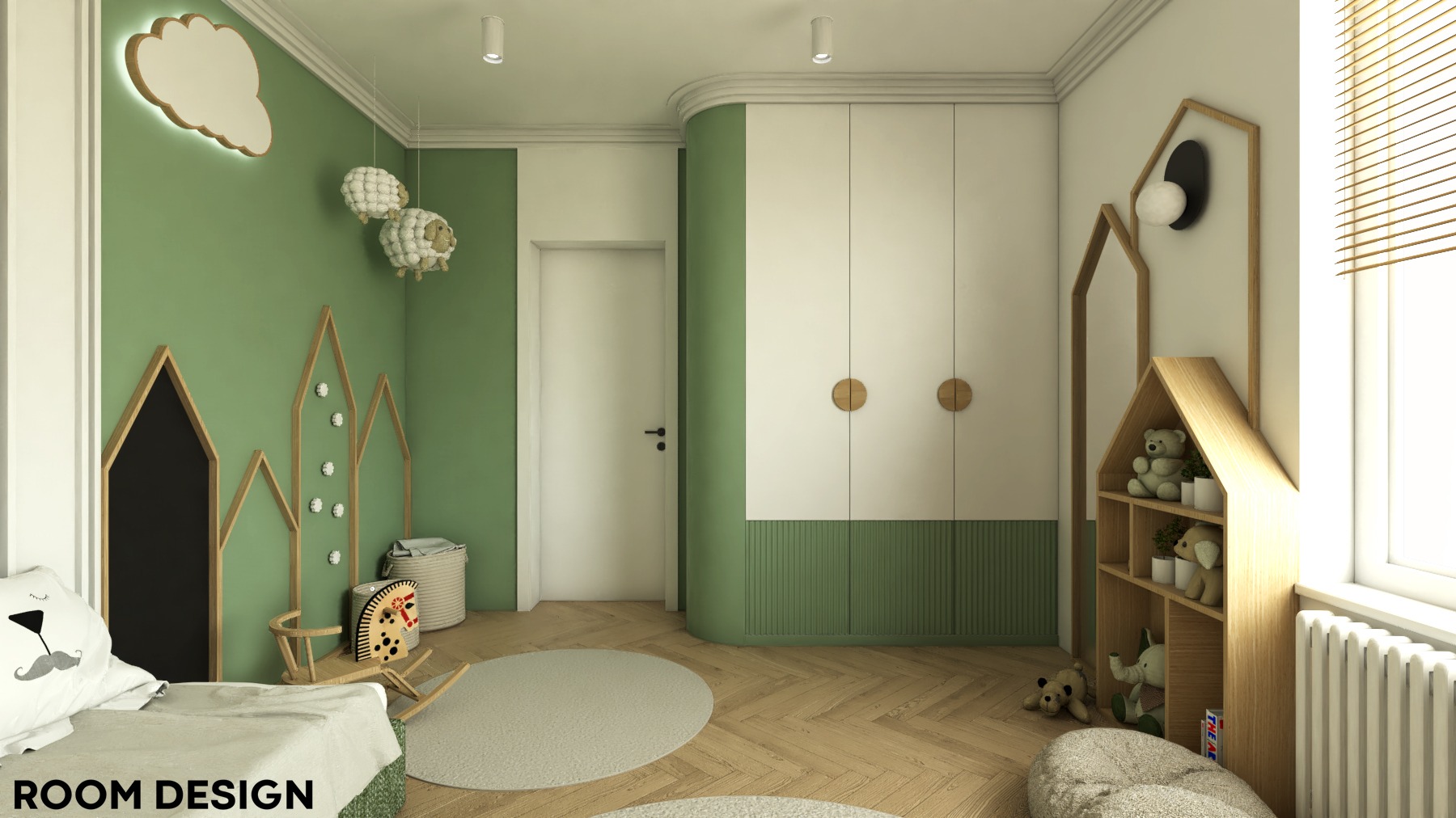 Pokój dziecięcy z zielonymi ścianami, łóżkiem z poduszką w kształcie głowy misia, drewnianymi dekoracjami ściennymi w kształcie domków, wiszącymi lampami w kształcie owiec i drewnianym regałem...