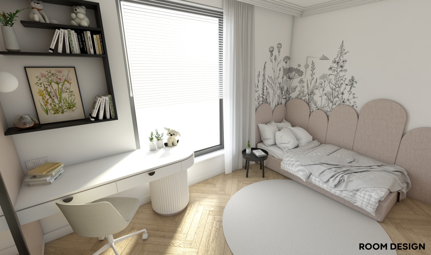 Pokój dziecięcy z łóżkiem z wezgłowiem w kształcie łuków, biurkiem z okrągłą nogą, półkami na ścianie i rysunkami kwiatów na ścianie, w jasnej kolorystyce.