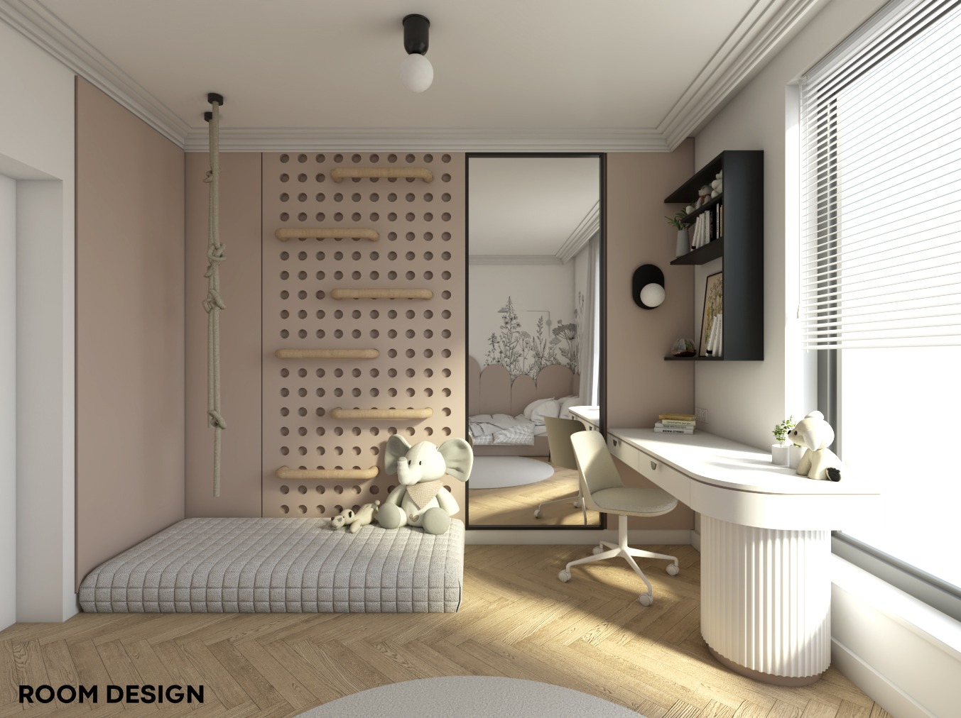 Pokój dziecięcy z łóżkiem-podestem, ścianką wspinaczkową, biurkiem z krzesłem i lustrem powiększającym przestrzeń.