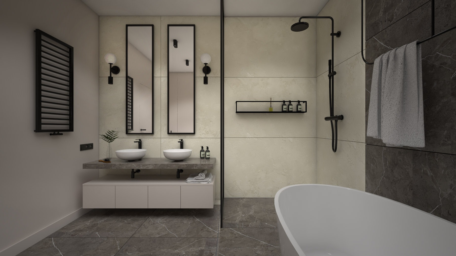 Nowoczesna łazienka z dwoma umywalkami nablatowymi, czarną armaturą, grzejnikiem drabinkowym i kabiną prysznicową typu walk-in, wykończona w beżach i szarościach z marmurowym wzorem na podłodze...