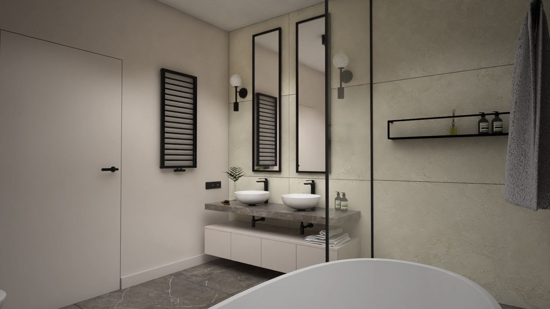 Nowoczesna łazienka z dwoma okrągłymi umywalkami nablatowymi, czarną armaturą, grzejnikiem drabinkowym i podświetlanymi lustrami w czarnych ramach, uzupełniona szarą płytką podłogową...