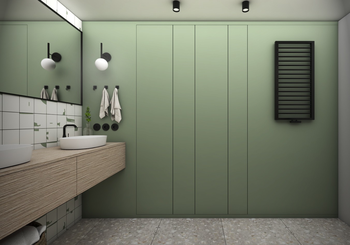 Nowoczesna łazienka z zielonymi panelami ściennymi, drewnianą szafką pod umywalką, białymi umywalkami nablatowymi i czarnym grzejnikiem drabinkowym.